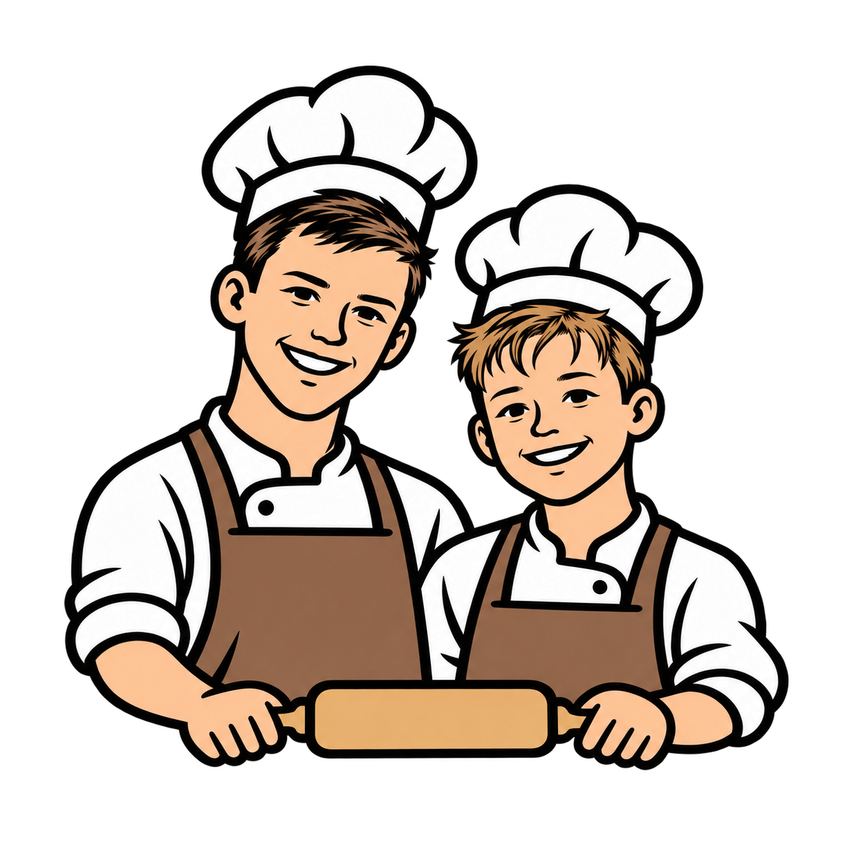 The Bake Bros brothers, wearing baker hats and holding a rolling pin